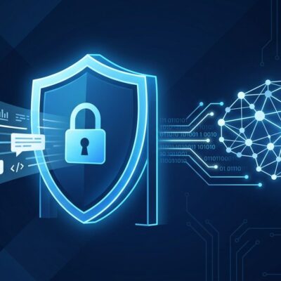 Blue security shield checkpoint intercepting AI prompts before they reach Claude - inference hooks DLP illustration
