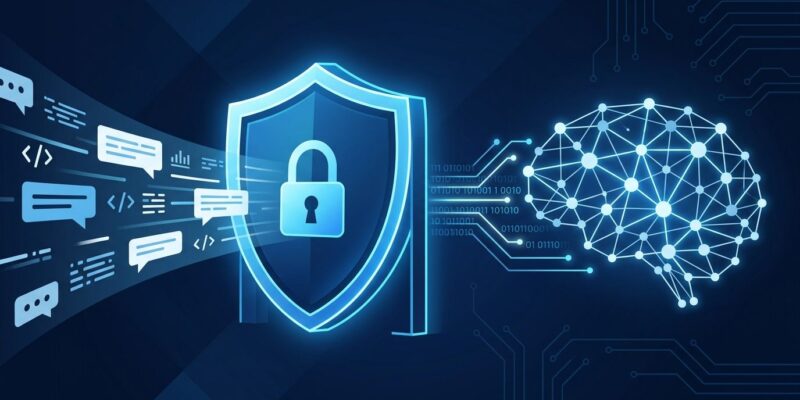 Blue security shield checkpoint intercepting AI prompts before they reach Claude - inference hooks DLP illustration
