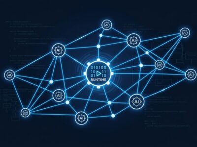 Microsoft Agent Framework Agent Harness general availability — interconnected AI agent nodes on dark blue background