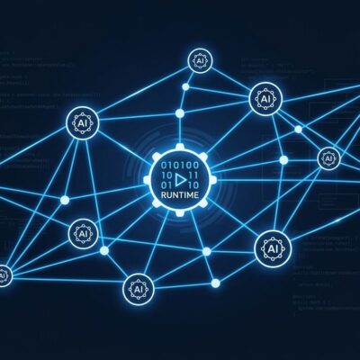 Microsoft Agent Framework Agent Harness general availability — interconnected AI agent nodes on dark blue background