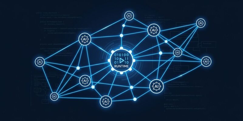 Microsoft Agent Framework Agent Harness general availability — interconnected AI agent nodes on dark blue background