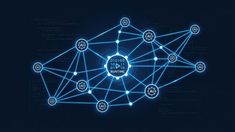 Microsoft Agent Framework Agent Harness general availability — interconnected AI agent nodes on dark blue background