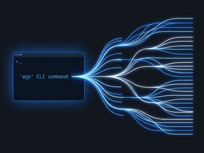 Google Antigravity 2.0 agy CLI terminal showing parallel AI agents branching in blue on dark background