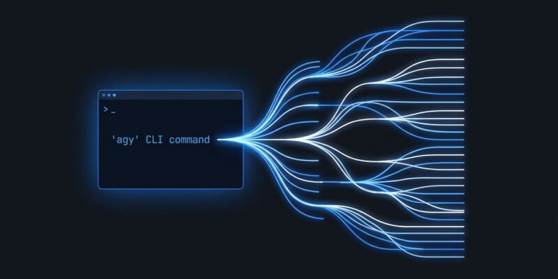 Google Antigravity 2.0 agy CLI terminal showing parallel AI agents branching in blue on dark background