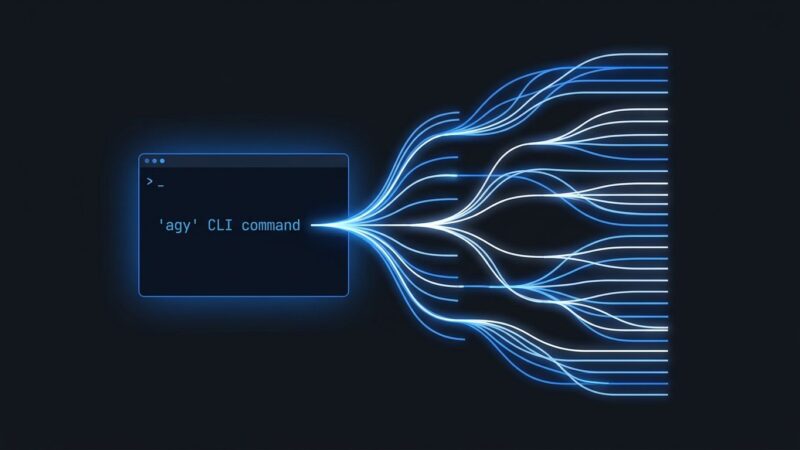 Google Antigravity 2.0 agy CLI terminal showing parallel AI agents branching in blue on dark background