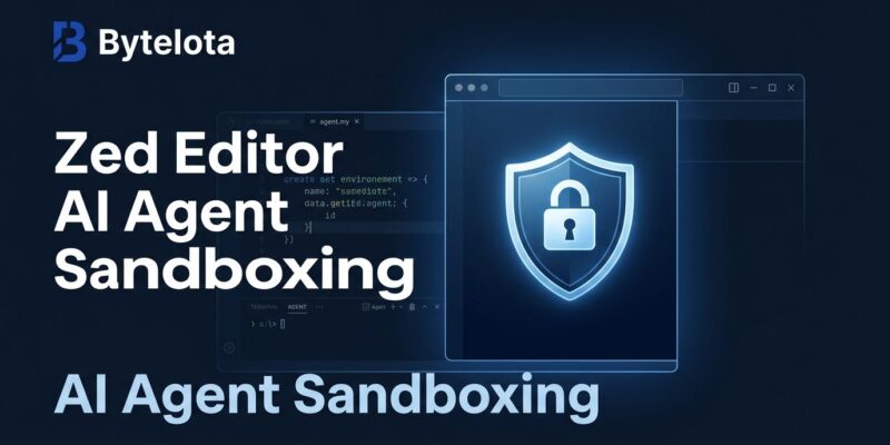 Zed Editor code editor window with a security shield representing OS-level AI agent sandboxing on macOS and Linux