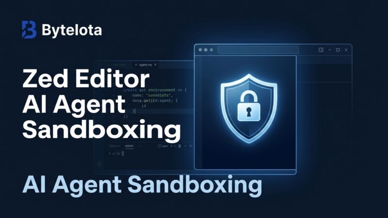 Zed Editor code editor window with a security shield representing OS-level AI agent sandboxing on macOS and Linux