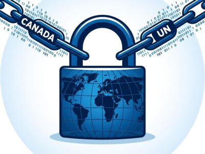 World map padlock illustration representing Canada signing the UN Cybercrime Convention surveillance treaty