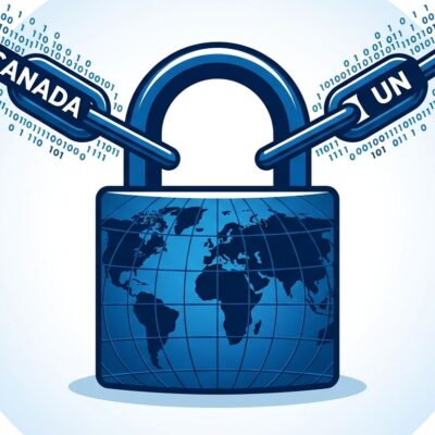 World map padlock illustration representing Canada signing the UN Cybercrime Convention surveillance treaty