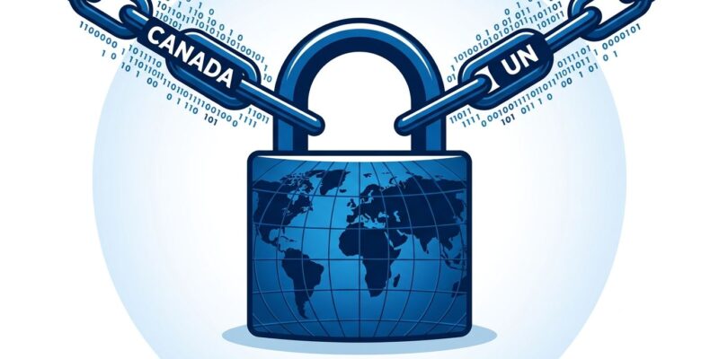 World map padlock illustration representing Canada signing the UN Cybercrime Convention surveillance treaty