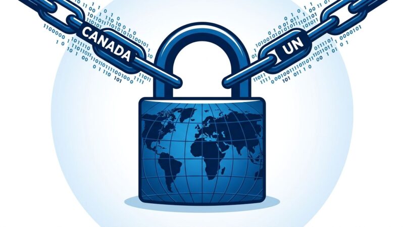World map padlock illustration representing Canada signing the UN Cybercrime Convention surveillance treaty