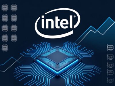 Intel semiconductor chip with blue circuit traces representing the $15 billion AI chip investment and CPU supply crunch for agentic AI workloads