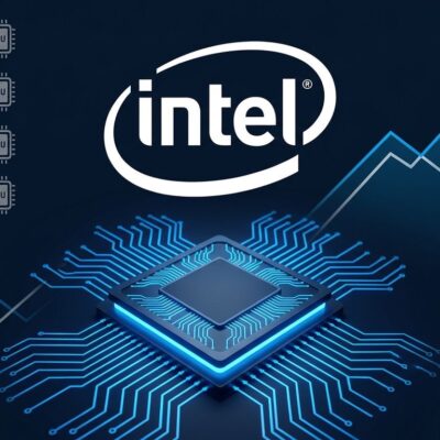 Intel semiconductor chip with blue circuit traces representing the $15 billion AI chip investment and CPU supply crunch for agentic AI workloads