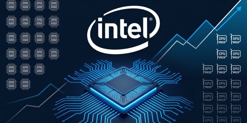 Intel semiconductor chip with blue circuit traces representing the $15 billion AI chip investment and CPU supply crunch for agentic AI workloads