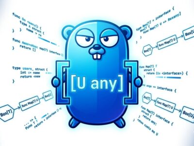 Bold conceptual illustration showing the Go gopher mascot with generic method type parameters and method chaining diagrams in blue and white
