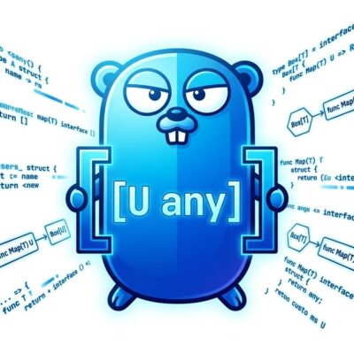 Bold conceptual illustration showing the Go gopher mascot with generic method type parameters and method chaining diagrams in blue and white