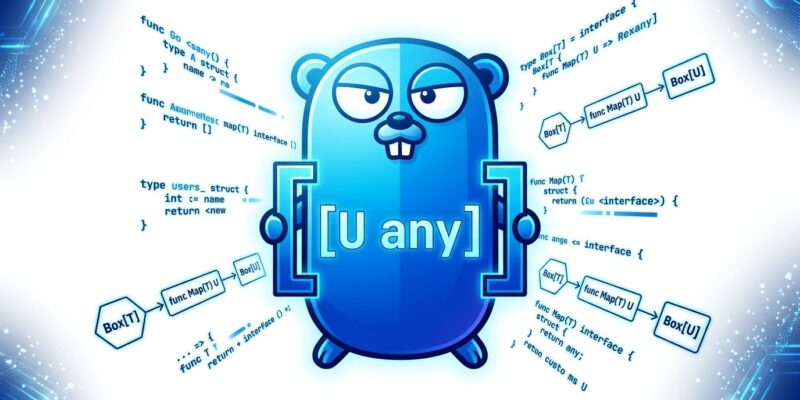 Bold conceptual illustration showing the Go gopher mascot with generic method type parameters and method chaining diagrams in blue and white