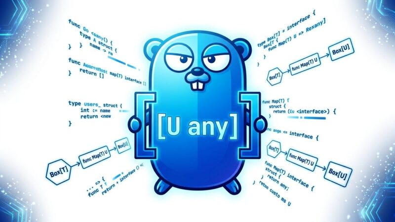 Bold conceptual illustration showing the Go gopher mascot with generic method type parameters and method chaining diagrams in blue and white