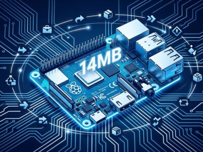Raspberry Pi circuit board with 14MB AI agent model visualization, blue and white theme