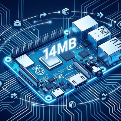 Raspberry Pi circuit board with 14MB AI agent model visualization, blue and white theme