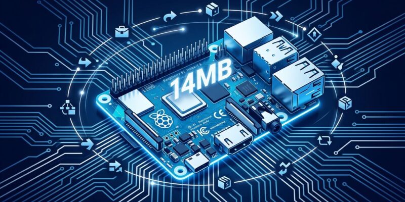 Raspberry Pi circuit board with 14MB AI agent model visualization, blue and white theme