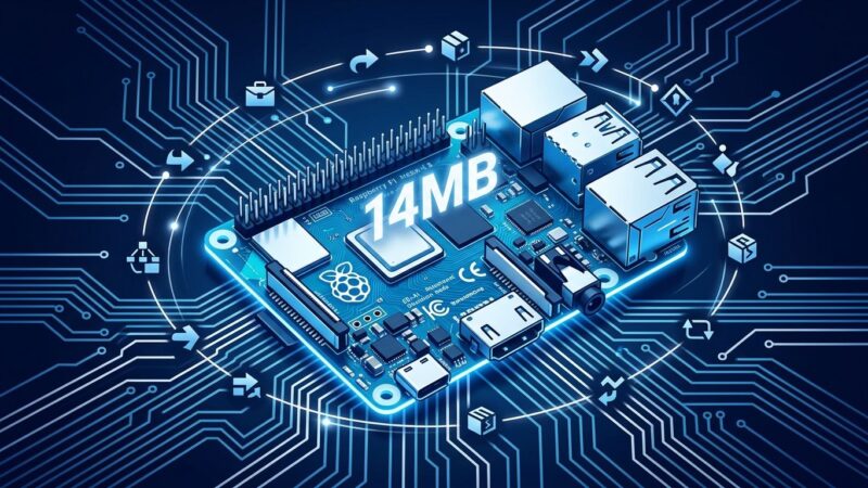 Raspberry Pi circuit board with 14MB AI agent model visualization, blue and white theme