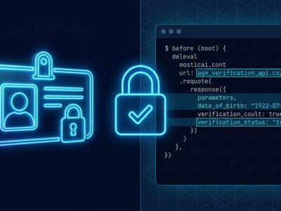 A split composition showing a digital identity card and developer code terminal connected by a glowing blue padlock, representing age verification compliance