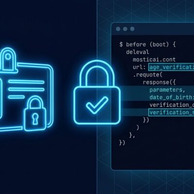 A split composition showing a digital identity card and developer code terminal connected by a glowing blue padlock, representing age verification compliance