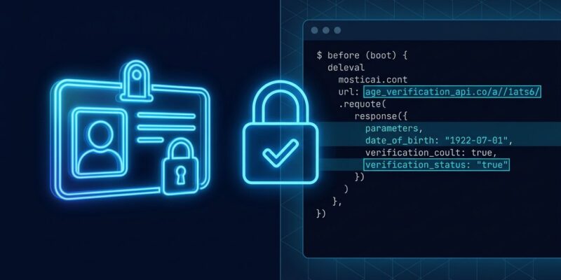 A split composition showing a digital identity card and developer code terminal connected by a glowing blue padlock, representing age verification compliance