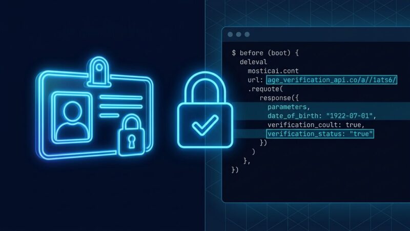 A split composition showing a digital identity card and developer code terminal connected by a glowing blue padlock, representing age verification compliance