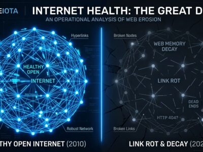 Split-screen visualization of internet health showing dense connected web graph versus sparse broken graph representing link rot and web memory decay