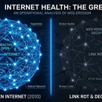 Split-screen visualization of internet health showing dense connected web graph versus sparse broken graph representing link rot and web memory decay