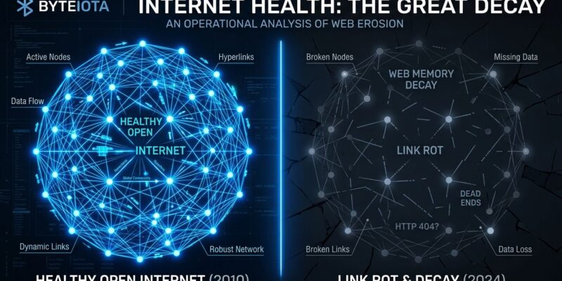 Split-screen visualization of internet health showing dense connected web graph versus sparse broken graph representing link rot and web memory decay