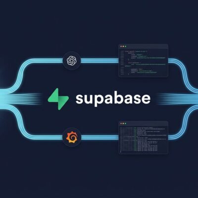 Supabase data pipeline visualization showing PostgreSQL to BigQuery streaming with ChatGPT and Grafana integrations