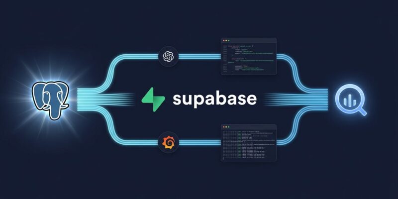 Supabase data pipeline visualization showing PostgreSQL to BigQuery streaming with ChatGPT and Grafana integrations