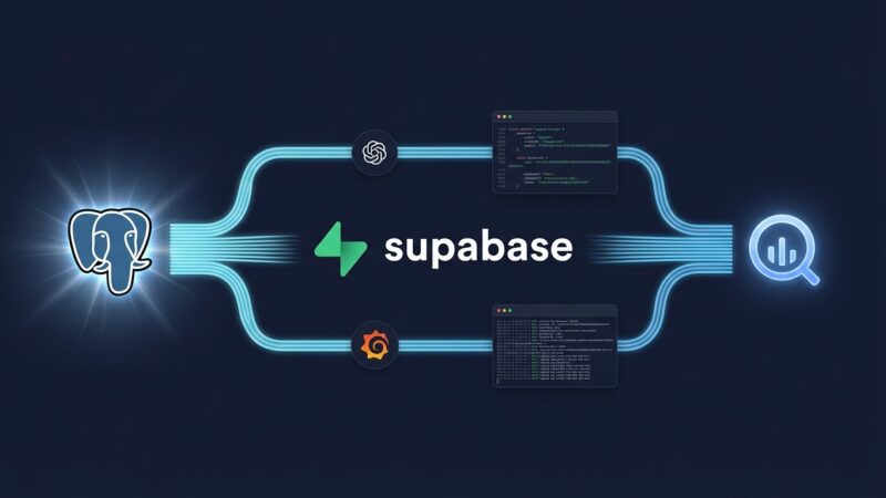 Supabase data pipeline visualization showing PostgreSQL to BigQuery streaming with ChatGPT and Grafana integrations