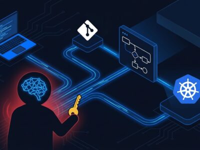 Shadow AI agent holding credentials connected to CI/CD pipeline stages and Kubernetes cluster illustrating security threat model