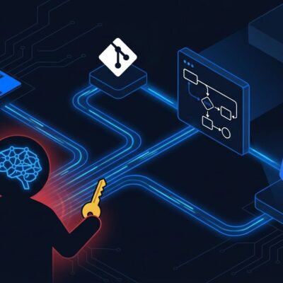 Shadow AI agent holding credentials connected to CI/CD pipeline stages and Kubernetes cluster illustrating security threat model