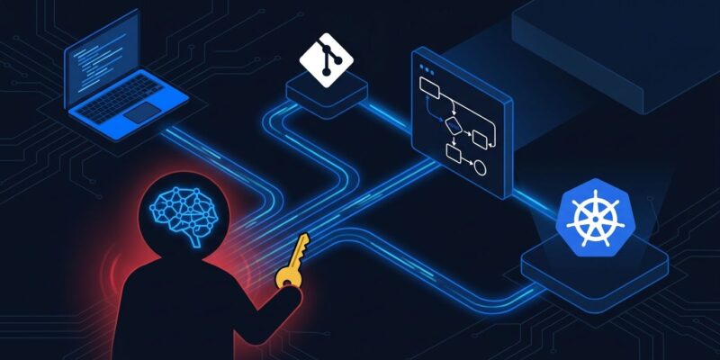 Shadow AI agent holding credentials connected to CI/CD pipeline stages and Kubernetes cluster illustrating security threat model