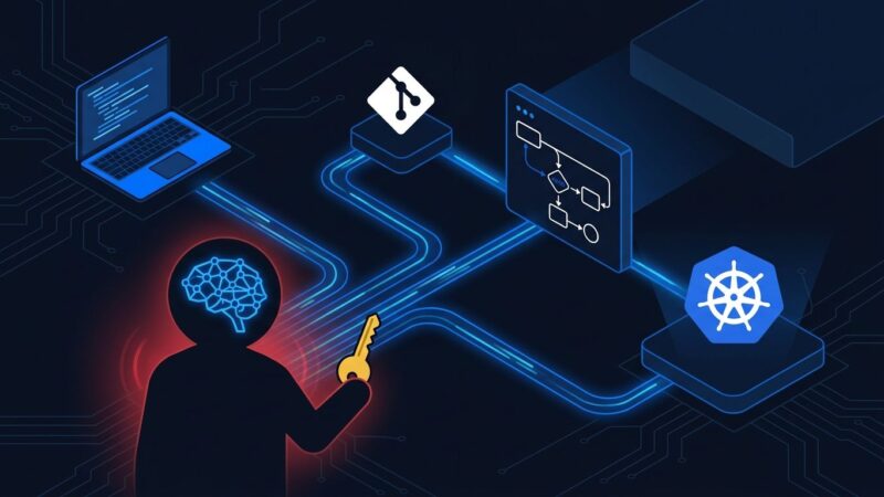 Shadow AI agent holding credentials connected to CI/CD pipeline stages and Kubernetes cluster illustrating security threat model