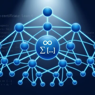 OpenAI Astra multi-agent model hierarchical network diagram with blue glowing nodes and mathematical symbols