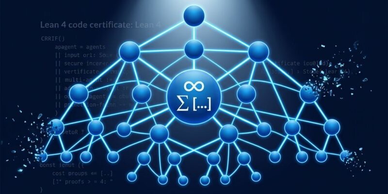 OpenAI Astra multi-agent model hierarchical network diagram with blue glowing nodes and mathematical symbols