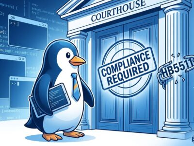 Linux Tux penguin mascot in front of a compliance door representing Illinois HB5511 age verification law with no open-source exemption