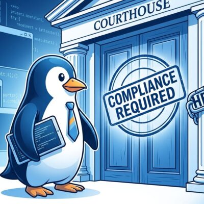 Linux Tux penguin mascot in front of a compliance door representing Illinois HB5511 age verification law with no open-source exemption