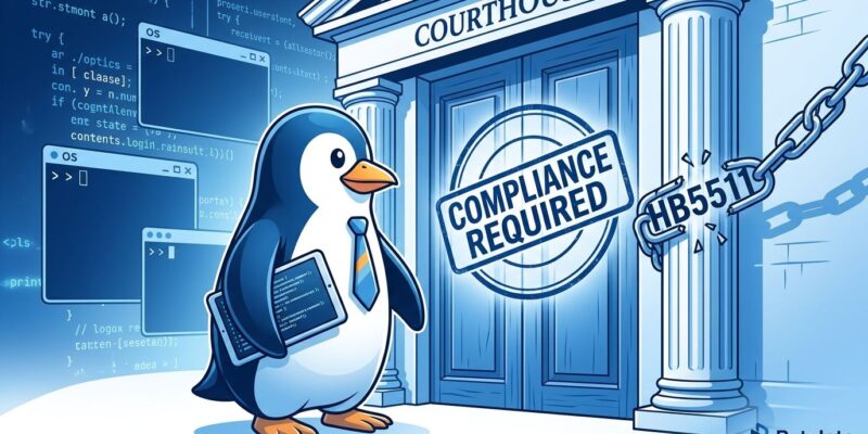 Linux Tux penguin mascot in front of a compliance door representing Illinois HB5511 age verification law with no open-source exemption