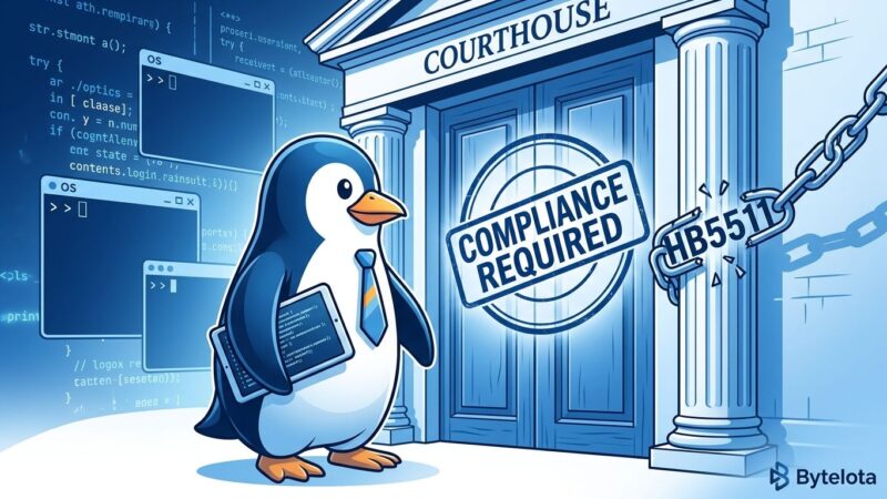 Linux Tux penguin mascot in front of a compliance door representing Illinois HB5511 age verification law with no open-source exemption