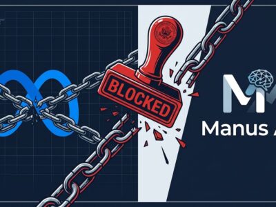 Bold conceptual illustration showing China blocking the Meta-Manus acquisition, with chains breaking and Manus logo gaining independence