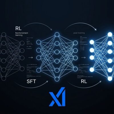 Grok 4.6 neural network diagram showing xAI post-training strategy versus raw parameter scaling