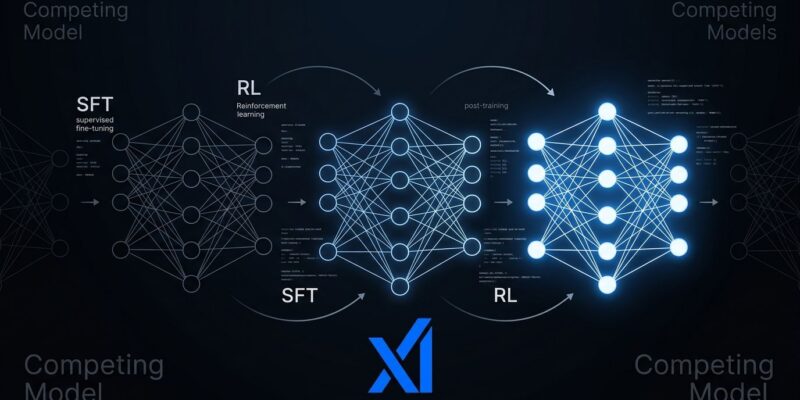 Grok 4.6 neural network diagram showing xAI post-training strategy versus raw parameter scaling