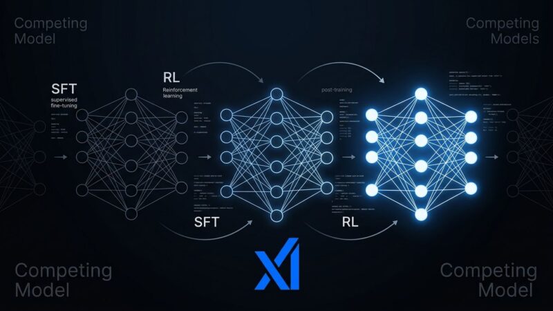 Grok 4.6 neural network diagram showing xAI post-training strategy versus raw parameter scaling